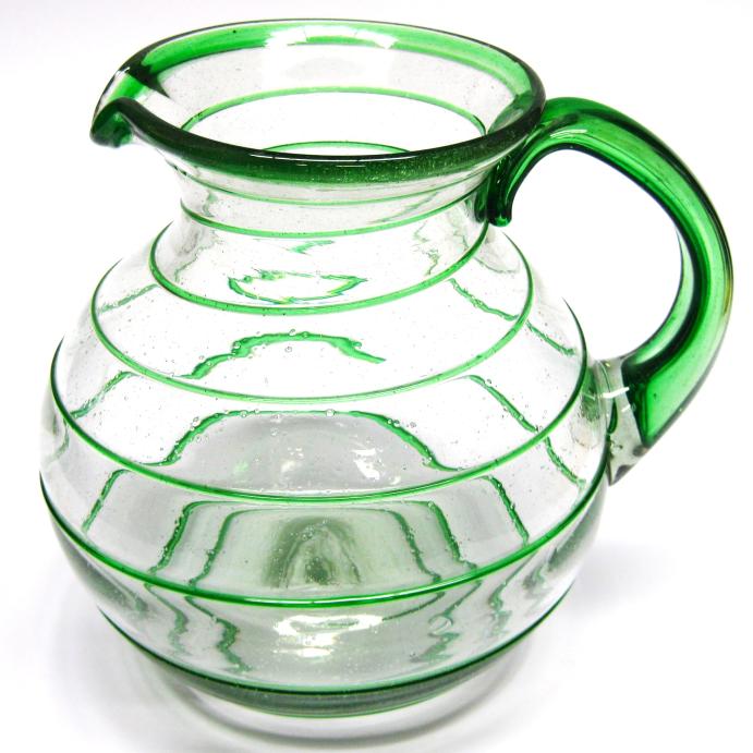 VIDRIO SOPLADO al Mayoreo / Jarra de vidrio soplado con espiral verde esmeralda / Clásica con un toque moderno, ésta jarra está adornada con una preciosa espiral verde esmeralda.